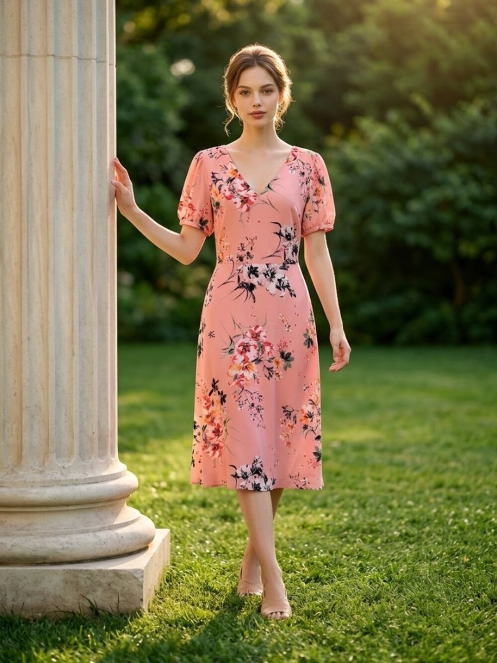 LOFT Pink Floral Midi Dress Puff Sleeve V-Neck Size 2